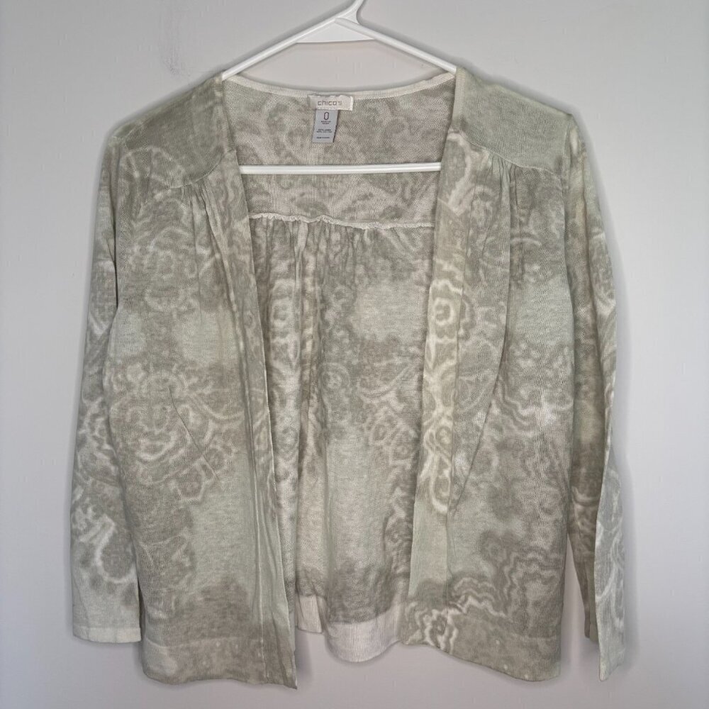 CHICO'S Cardigan Women's 0 XS Ivory Linen Blend Lightweight Open Long Sleeve